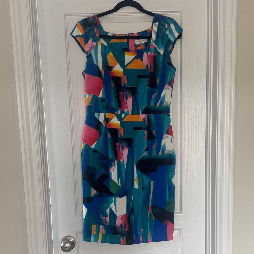Calvin Klein Vibrant Abstract Sheath Dress - Teal Multi